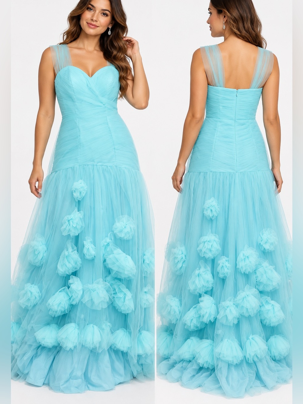 Aqua Blue Tulle Formal Gown 3D Floral Appliqué Sweetheart Prom Dress  12